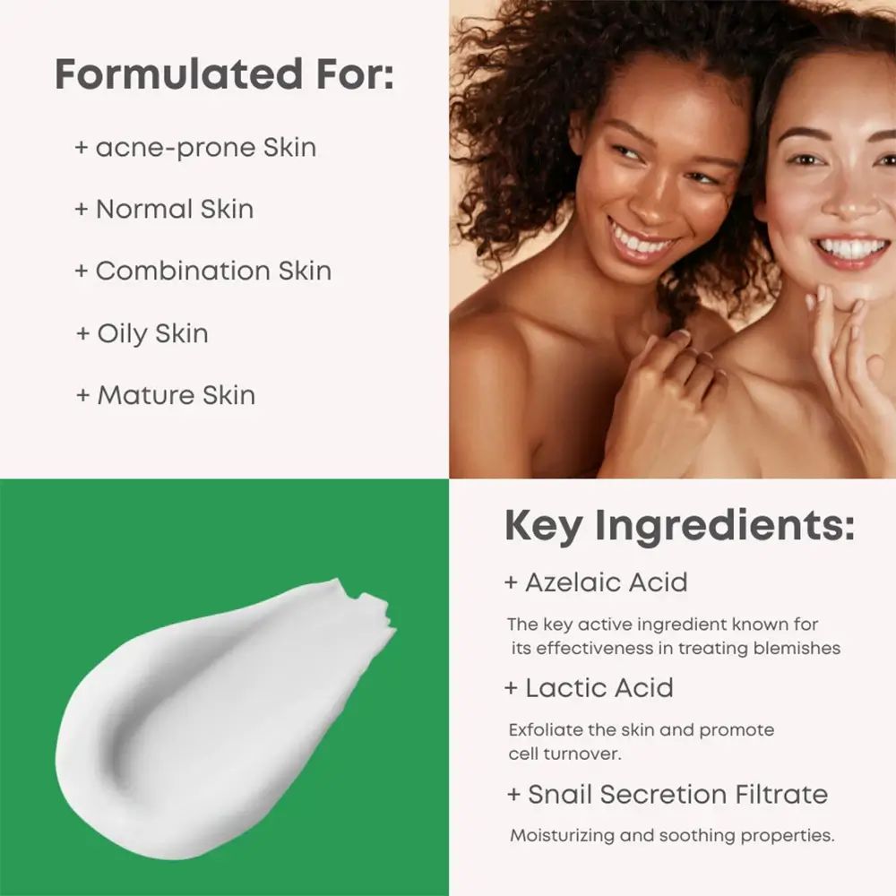 Due donne sorridono. Testo: Formulato per: pelle a tendenza acneica, normale, mista, grassa, matura. Ingredienti.