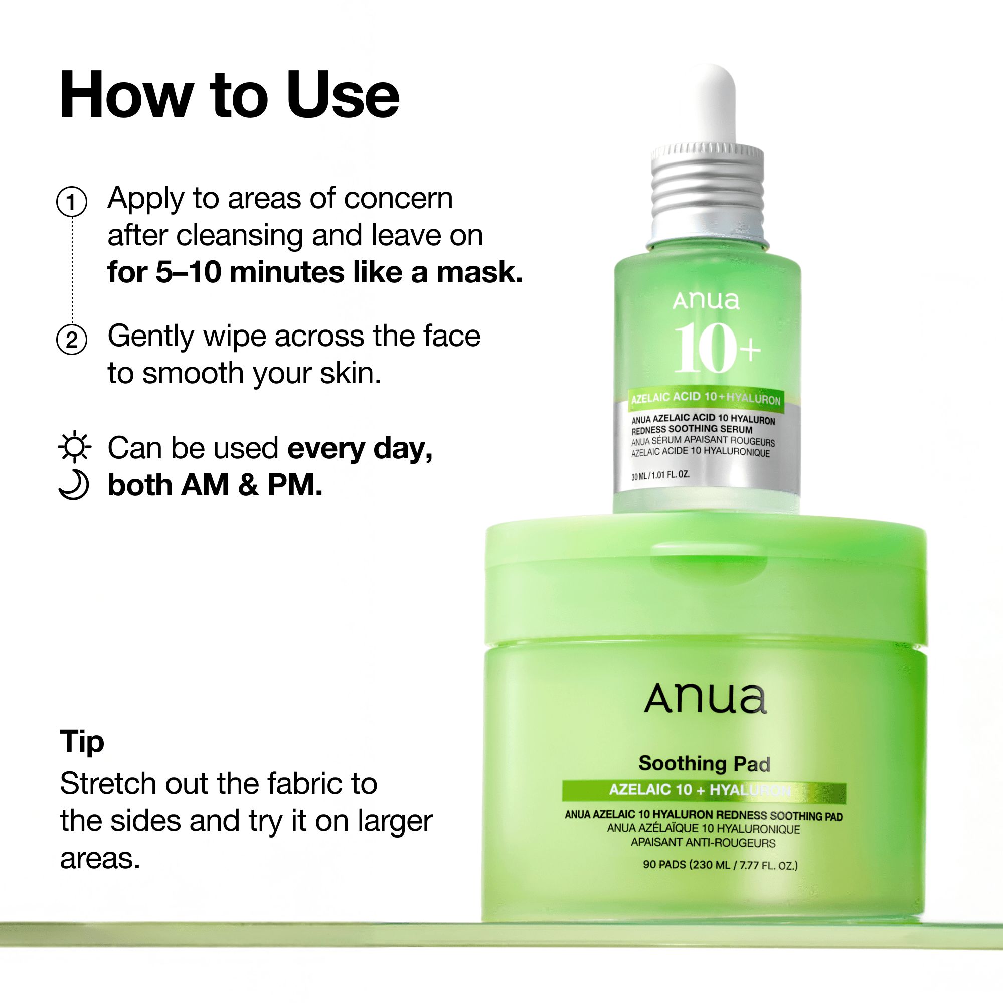 Istruzioni per l'uso degli Anua Azelaic Acid 10 Hyaluron Serum Pads.