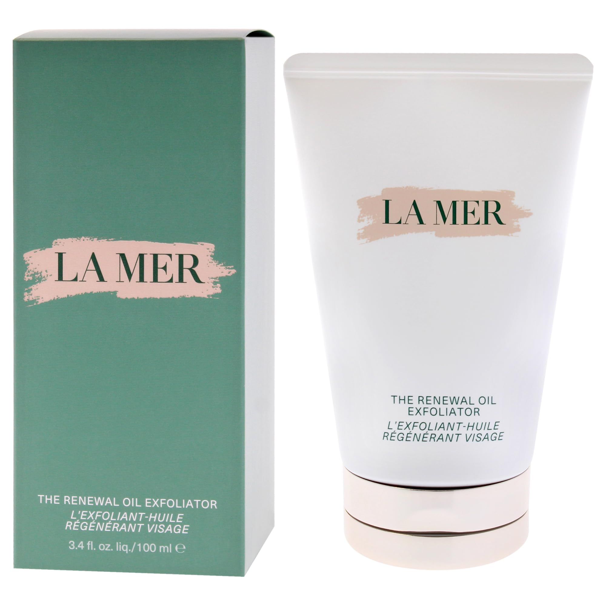 Prodotto e confezione verde. Scritta: LA MER, THE RENEWAL OIL EXFOLIATOR, L'EXFOLIANT-HUILE RÉGÉNÉRANT VISAGE. 3.4 fl. oz. liq./100 ml e.