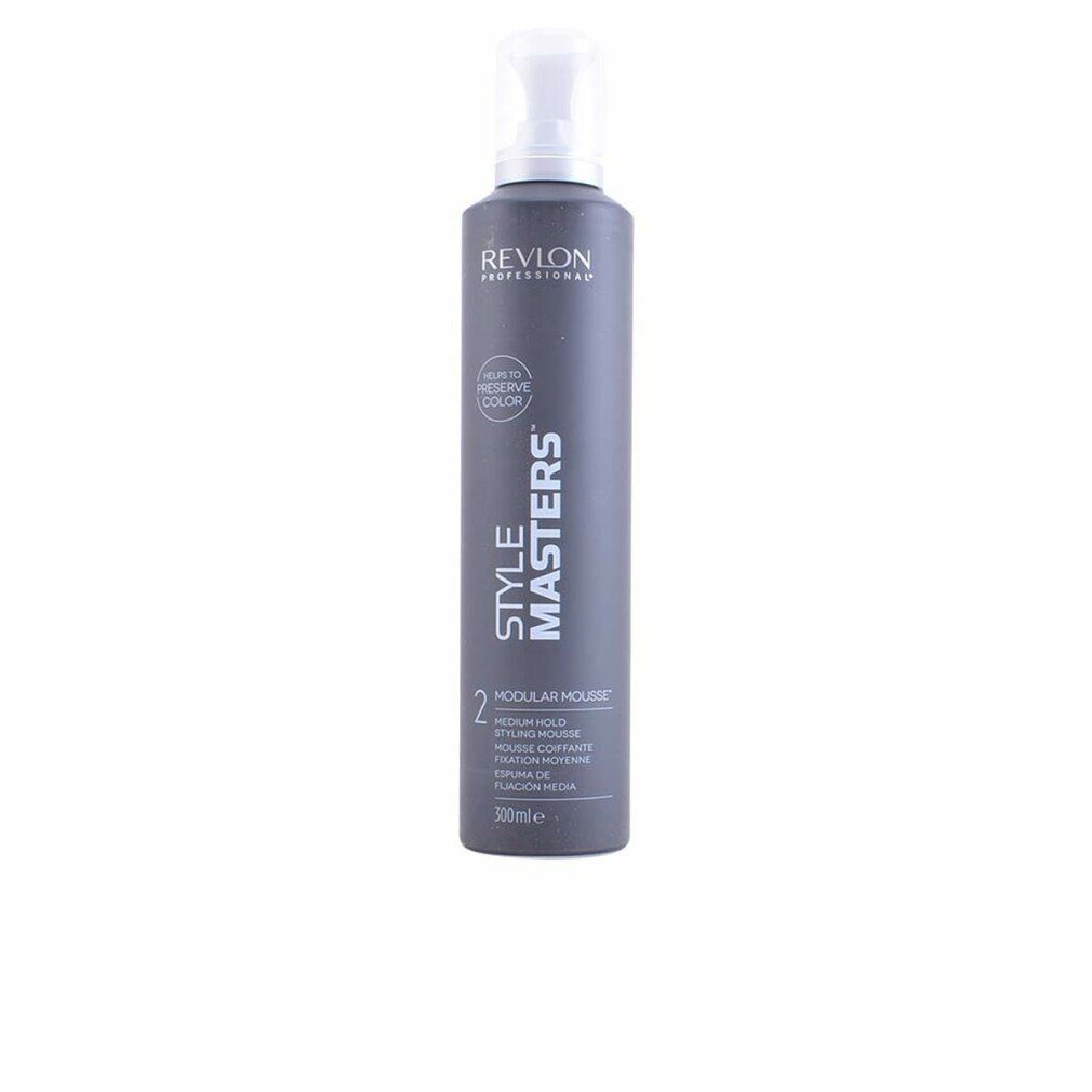 Flacone grigio Revlon Style Masters Modular Mousse. Erogatore trasparente. Testo: "Helps to preserve color".