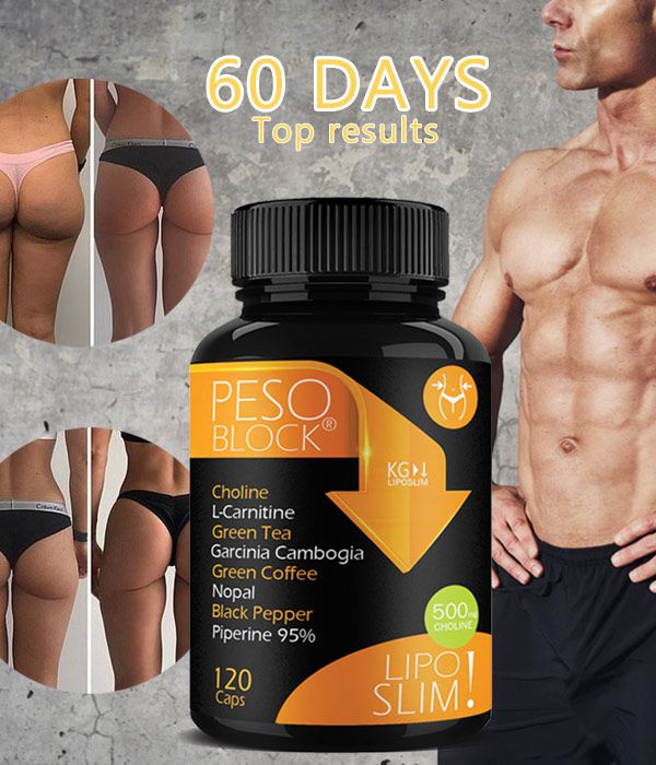 Flacone di capsule e immagini prima-dopo. Scritte: PESO BLOCK, LIPO SLIM. Contiene colina, L-carnitina, tè verde, Garcinia Cambogia, caffè verde.