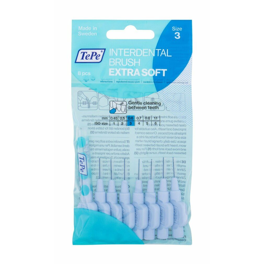 Confezione di spazzolini interdentali TePe blu. Extra Soft, 5 pezzi. Scritta: Gentle cleaning between teeth.