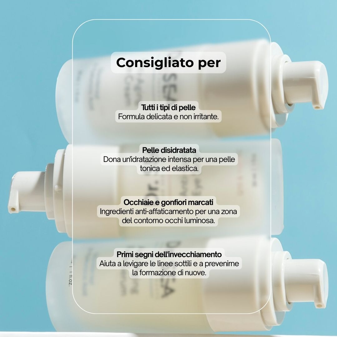 Tre flaconi di siero occhi con testo. Testo: Dr. SEA, Anti-Aging Eye Serum. Consigliato per: tutti i tipi di pelle, pelle disidratata, occhiaie.