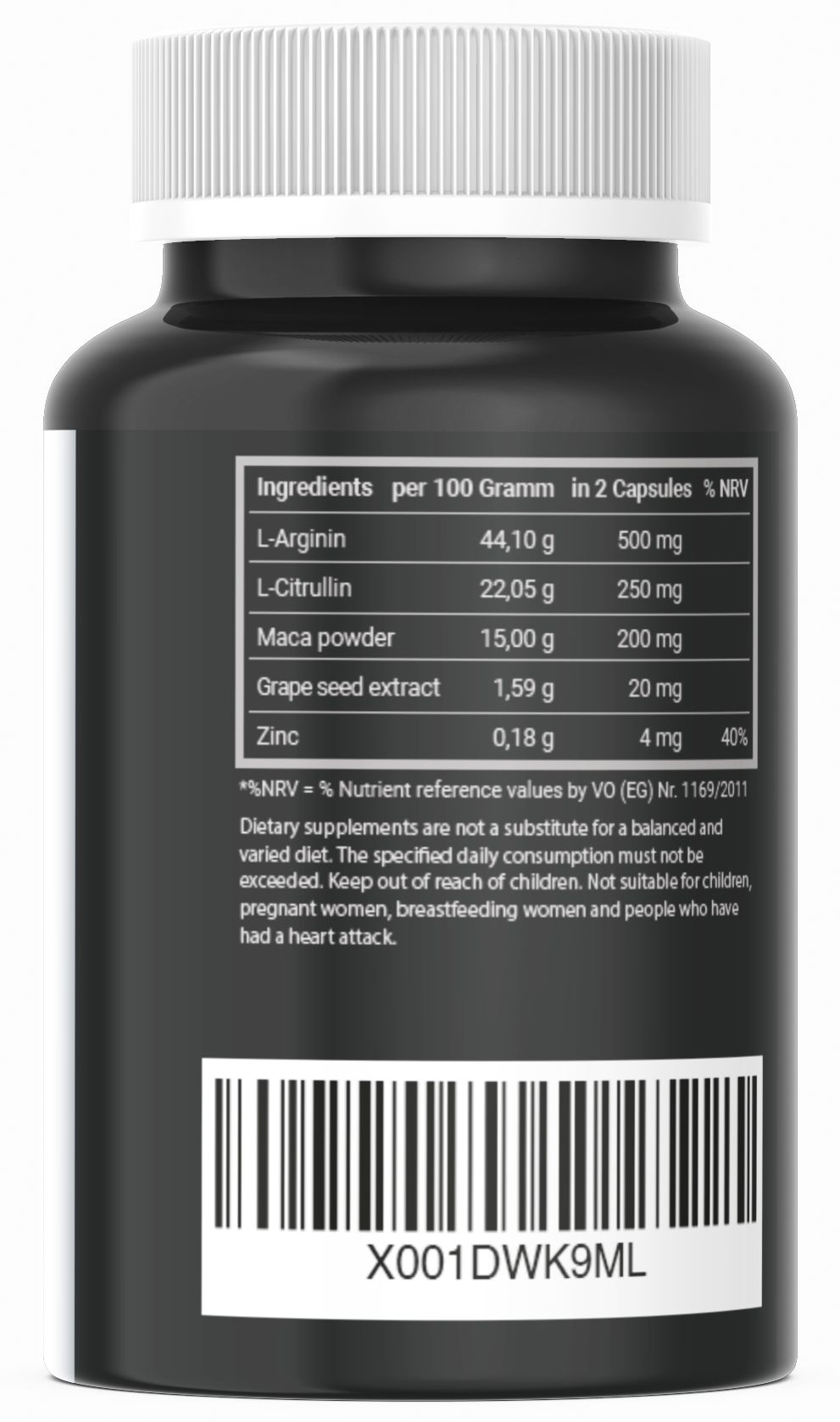 Retro di una bottiglia nera. Testo: Ingredienti per 100 grammi, L-Arginina, L-Citrullina, polvere di maca, zinco. Codice a barre.