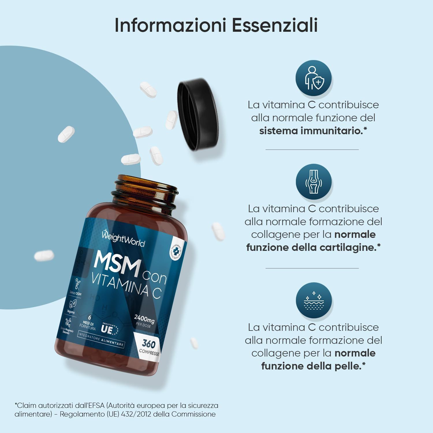 Flacone MSM con VITAMINA C. Testo: Vitamina C per sistema immunitario, collagene, pelle. 360 compresse.