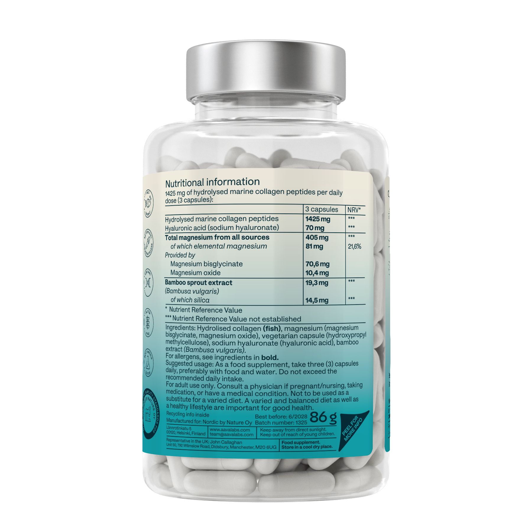 Retro del flacone di capsule. Informazioni nutrizionali. 86g. Marine Collagen. Con magnesio e acido ialuronico.