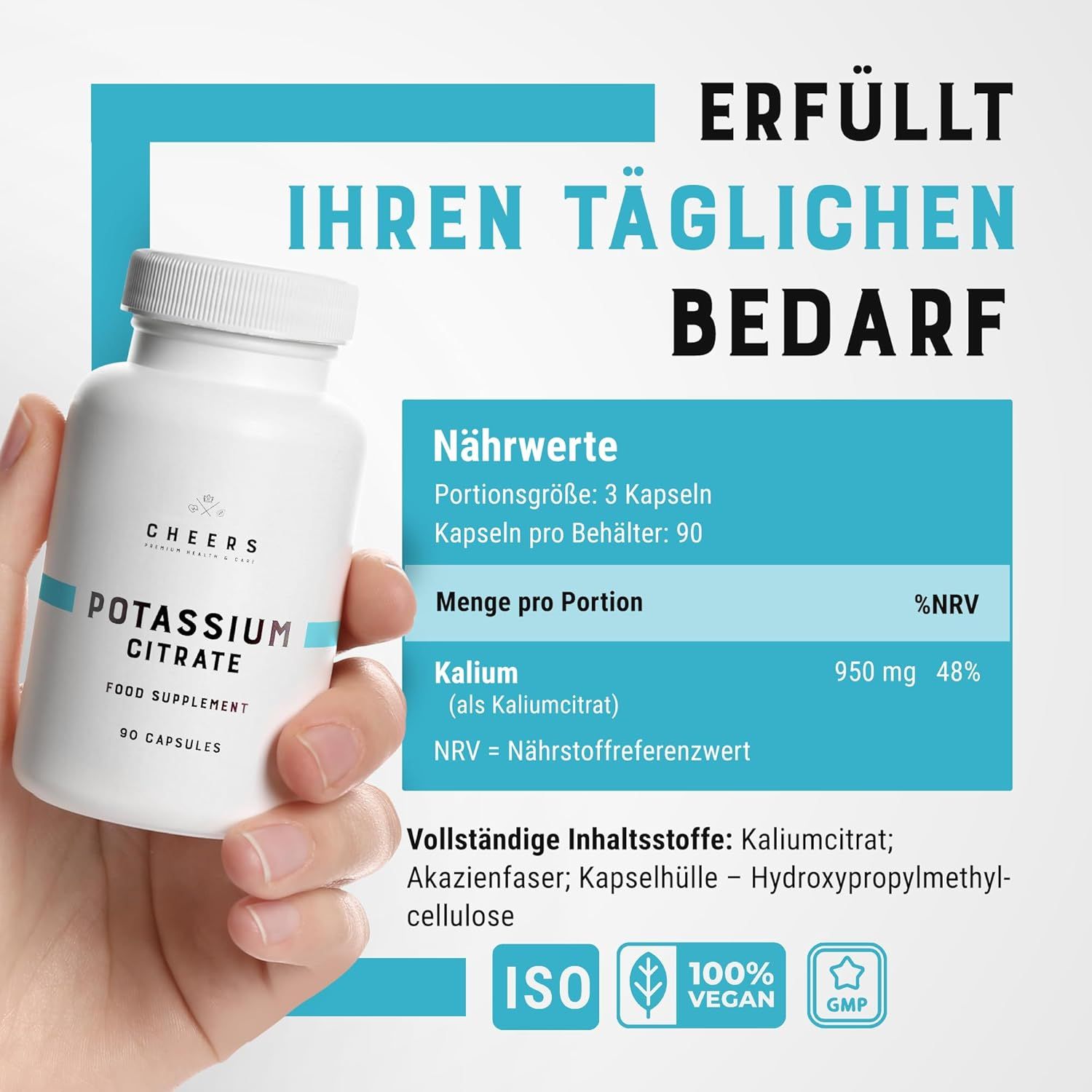 Mano che tiene flacone CHEERS Potassium Citrate. Informazioni nutrizionali: 950 mg potassio, 48% VNR. 100% vegano, ISO, GMP.