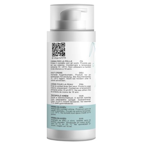 Retro del flacone di crema con testo in più lingue. Codice QR e paragrafi di testo.