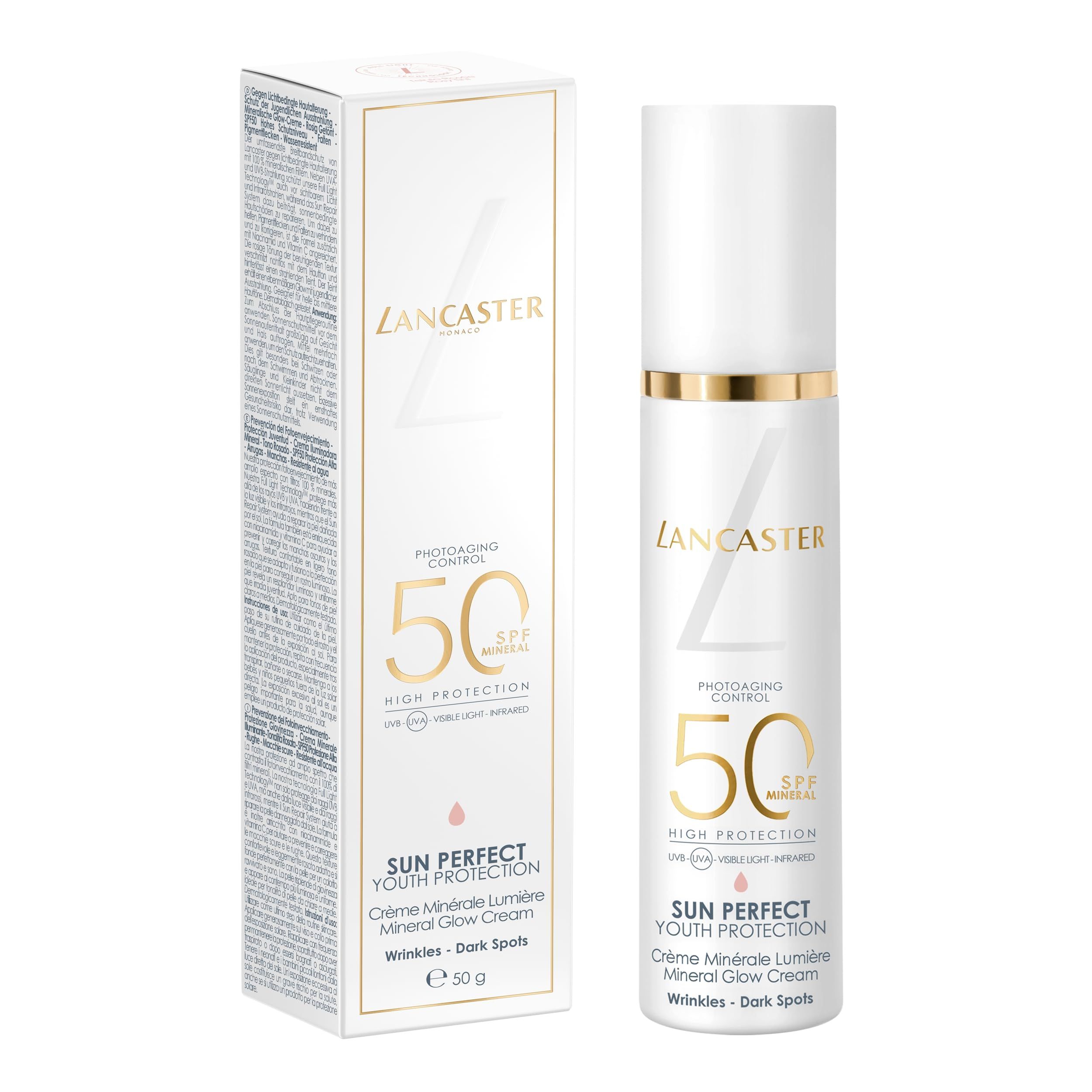 Prodotto e confezione. Scatola e flacone bianchi. Scritta: Lancaster, 50 SPF, Sun Perfect Youth Protection. Crema per rughe e macchie scure.