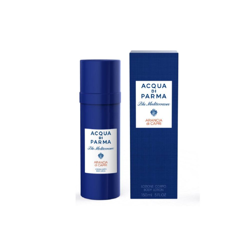 Flacone e scatola blu. Scritta: Acqua Di Parma, Blu Mediterraneo, Arancia di Capri. Lozione corpo.