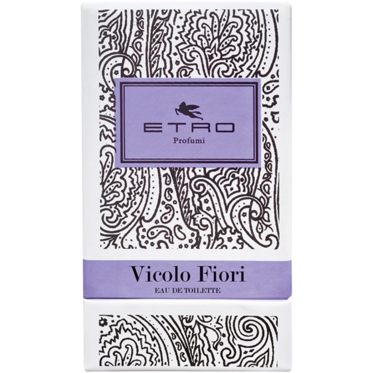 Scatola rettangolare bianca con strisce e motivi viola. La scatola indica "ETRO Profumi" e "Vicolo Fiori Eau de Toilette".