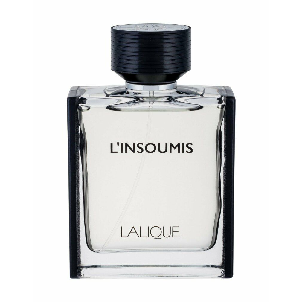 Flacone rettangolare con tappo nero. Scritta: L'INSOUMIS, LALIQUE. Flacone trasparente con liquido trasparente.