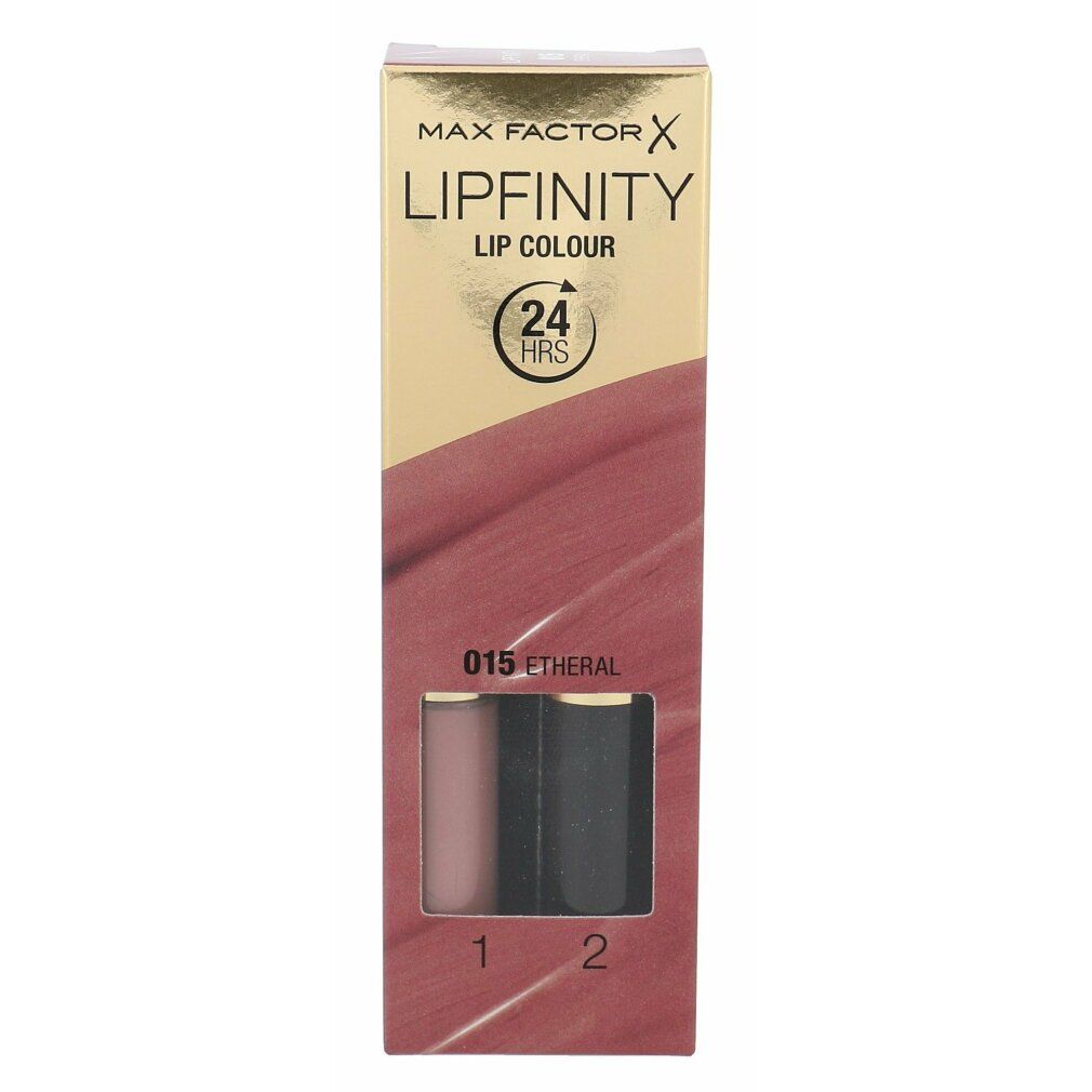 Max Factor Lipfinity Colore Labbra - 015 Etereo. Confezione del prodotto con due rossetti. Scritta: Lipfinity, 24 HRS, 015 Ethereal.
