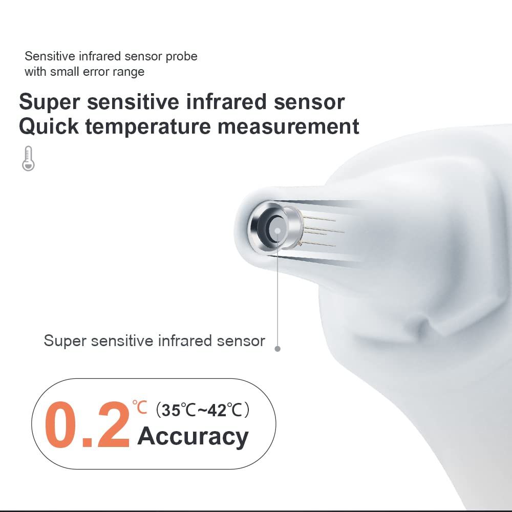 Sonda del termometro. Mostra una precisione di 0,2°C. Etichetta: sensore a infrarossi super sensibile.