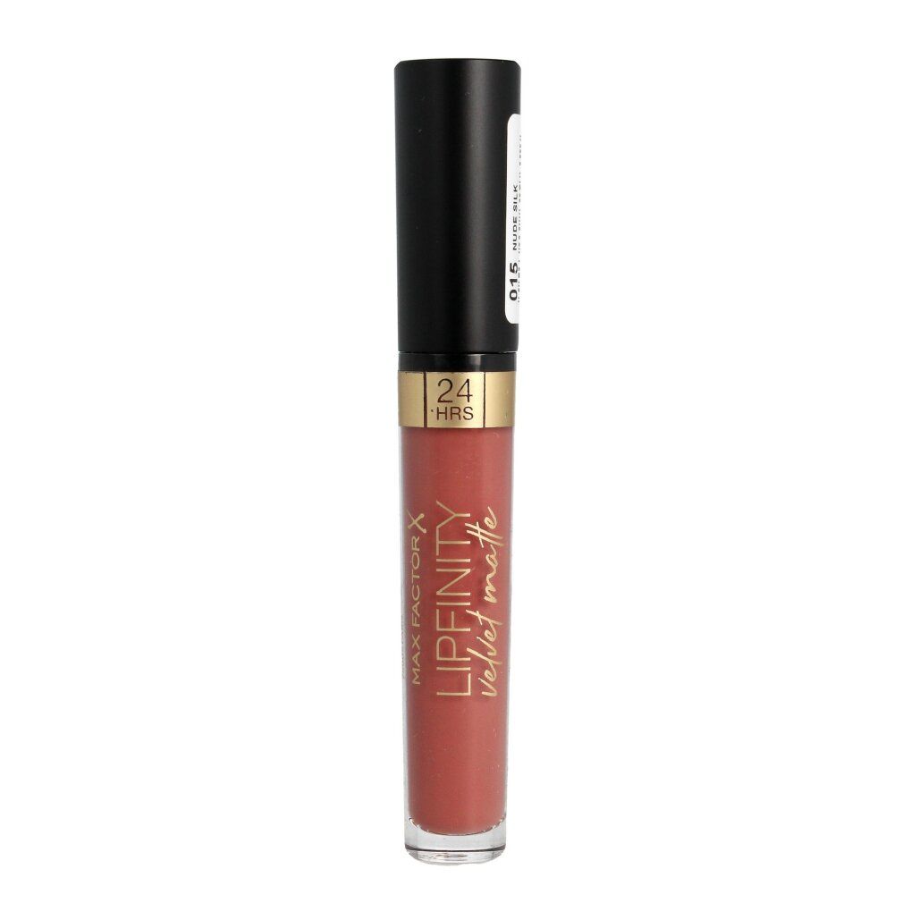 Rossetto con tappo nero. Scritta: Lipfinity Velvet Matte. Colore: Nude Silk. Con logo 24 HRS. Numero 015.