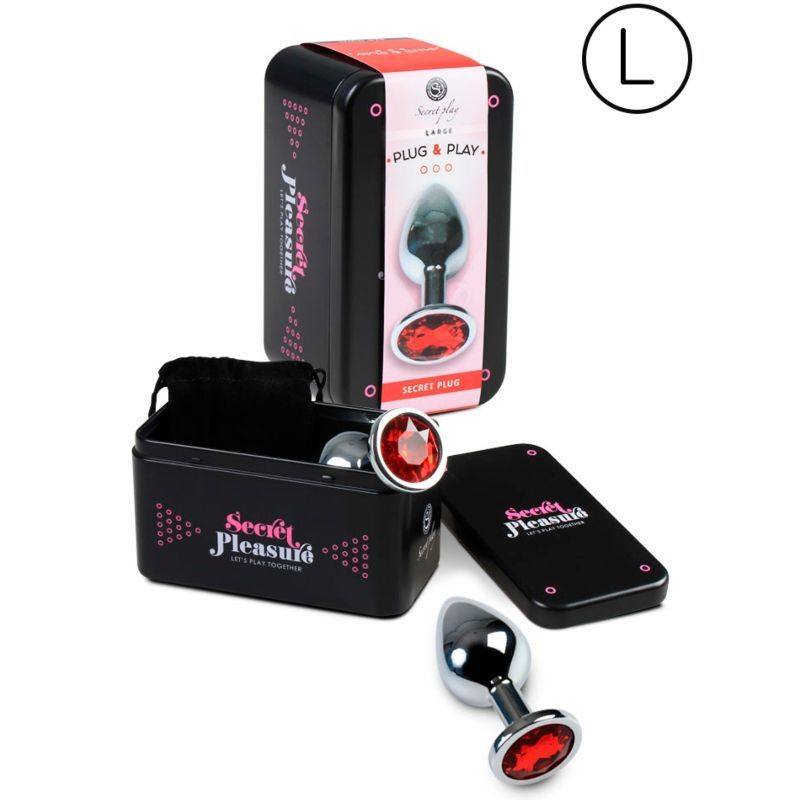 Plug anale in scatola nera. Scatola con immagine e testo del prodotto. Taglia L. Nome prodotto: Secret Play.