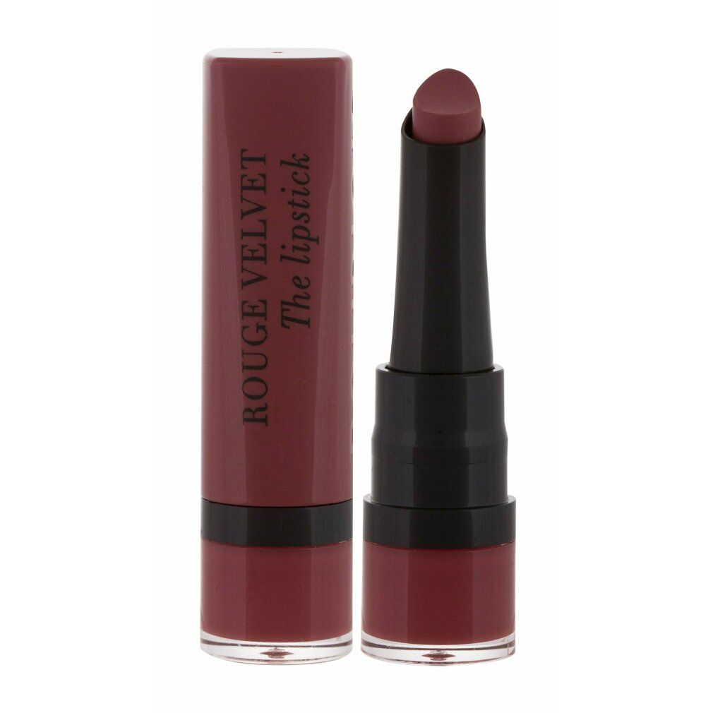 Rossetto bordeaux con stelo nero e astuccio. Sull'astuccio è scritto "ROUGE VELVET The lipstick" e "BOURJOIS".