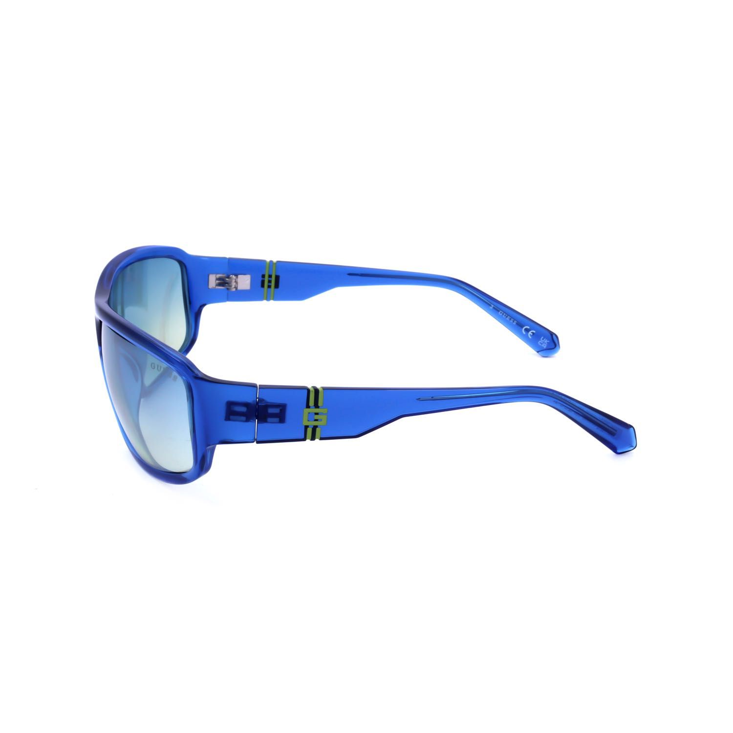 Occhiali da sole blu con lenti sfumate e accenti argentati sulle stanghette.