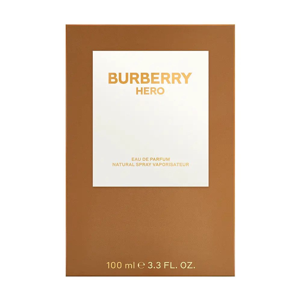 Confezione marrone con testo dorato. Burberry Hero Parfum. 100 ml. Vaporizzatore naturale.