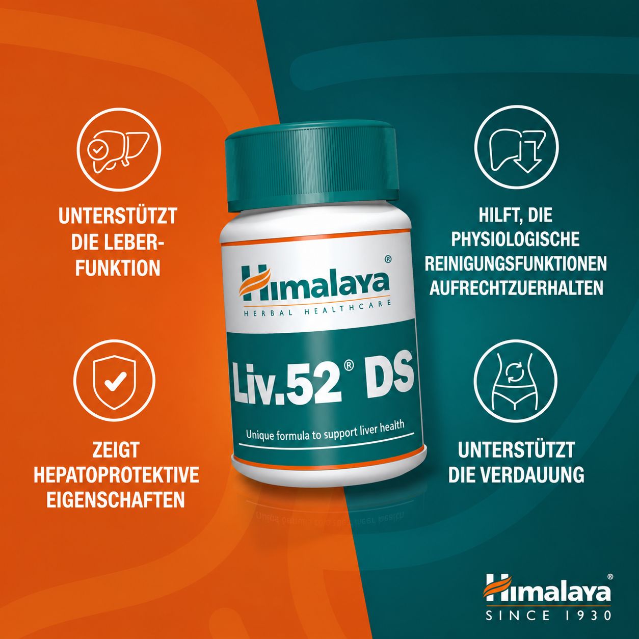 Flacone di compresse Himalaya Liv.52 DS circondato da icone che rappresentano la funzione epatica e la digestione.
