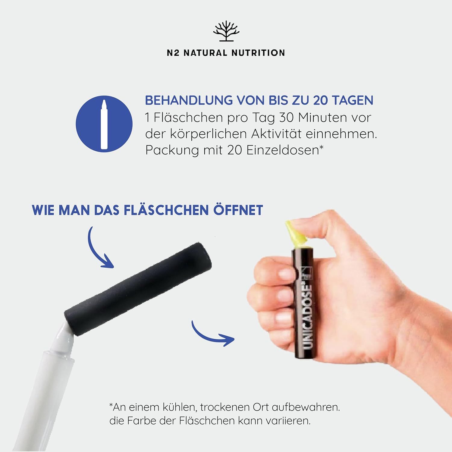Mano che apre una fiala. Testo: Trattamento fino a 20 giorni. 1 fiala al giorno. Confezione da 20 dosi singole. Come aprire la fiala.