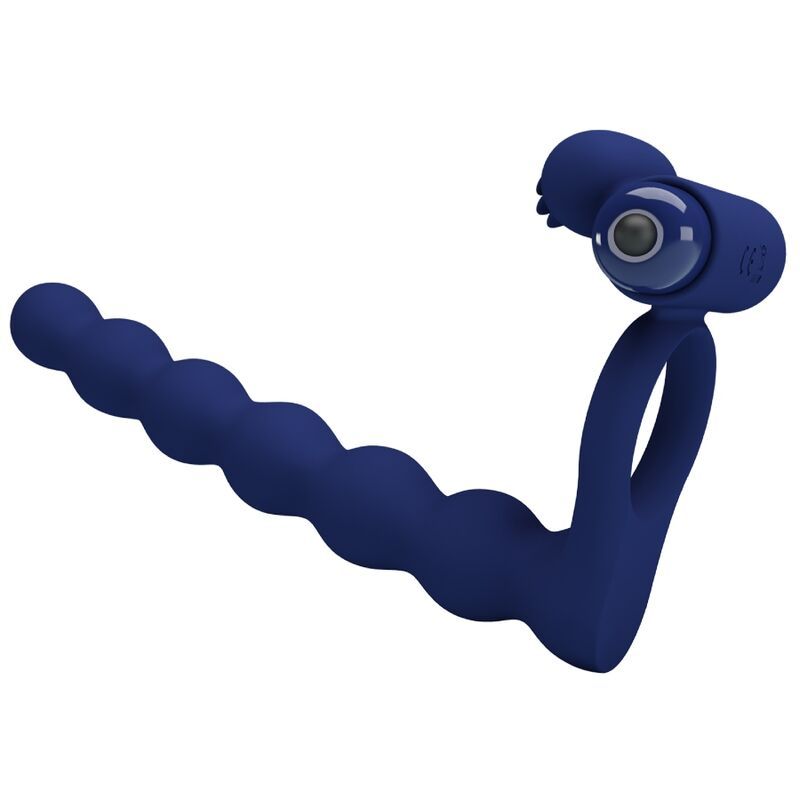 Vibratore blu scuro con texture a perle e anello di controllo, primo piano.