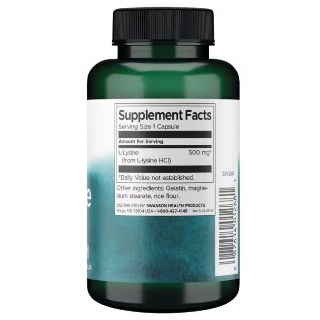 Retro del flacone verde. Etichetta bianca con informazioni nutrizionali: L-Lisina 500 mg.