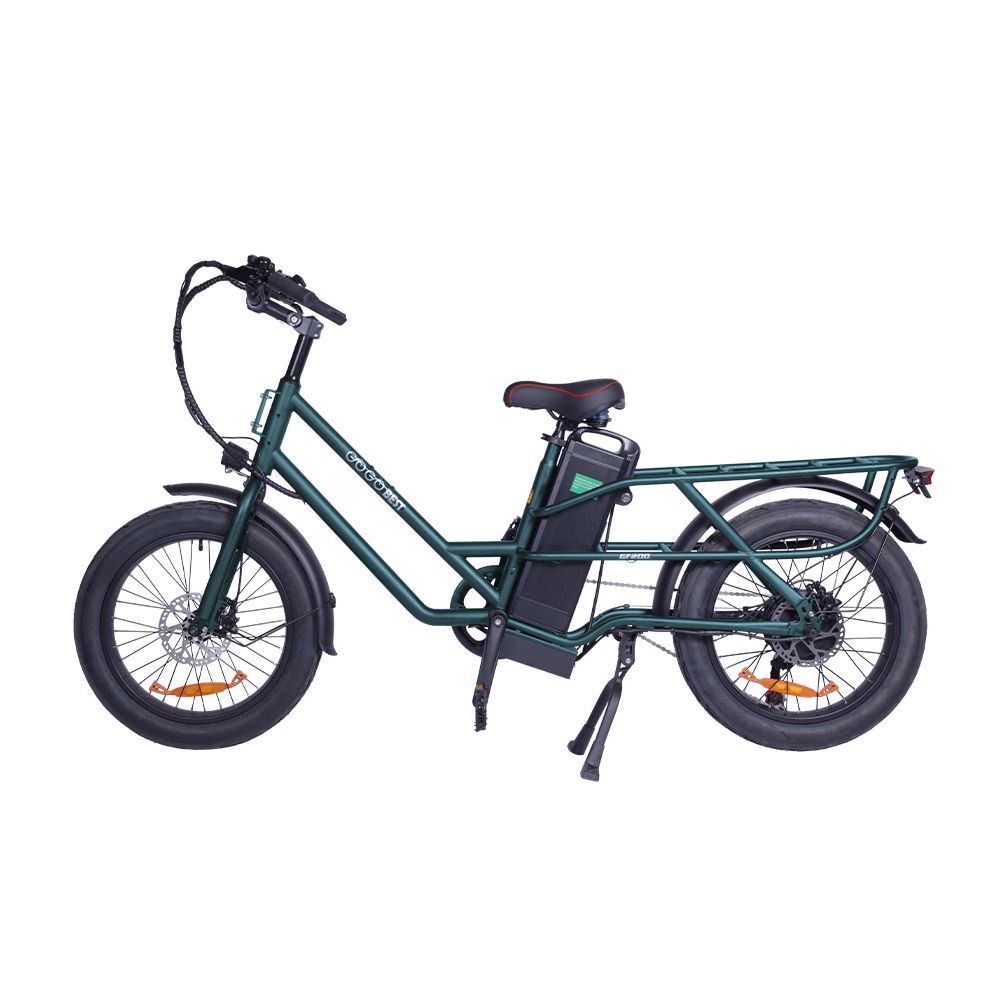 E-bike da carico verde con portapacchi e pneumatici neri. Batteria sul telaio. Scritta GOGOBEST.