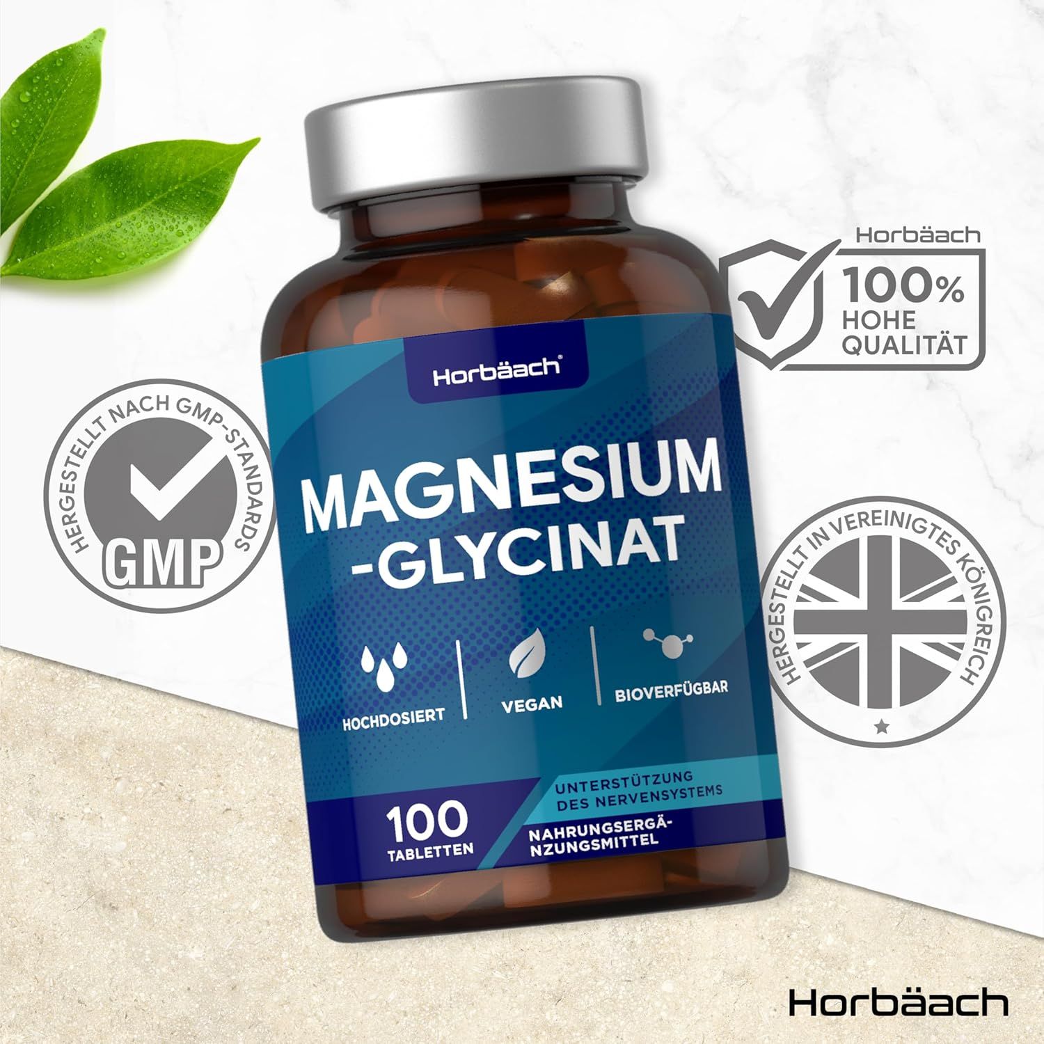 Flacone marrone con etichetta blu. Magnesium-Glycinat, 100 compresse. Certificazione GMP, 100% alta qualità, prodotto nel Regno Unito.