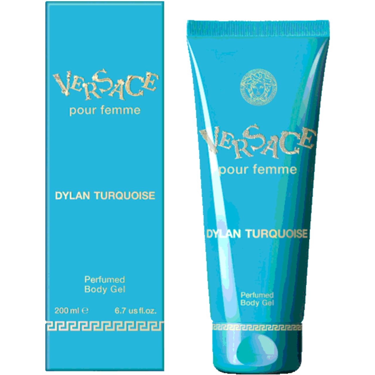 Tubo e scatola turchese. Scritta Versace pour femme Dylan Turquoise. Gel corpo profumato. 200 ml.