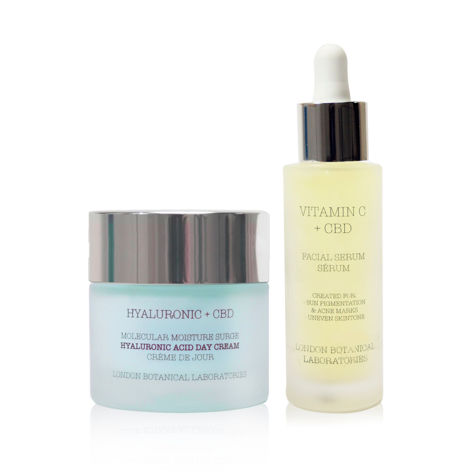 Crema e siero. Scritte: Hyaluronic + CBD, Vitamin C + CBD. Marchio: London Botanical Laboratories.