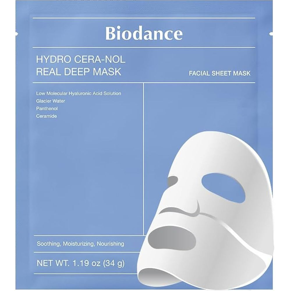 Confezione blu con maschera viso bianca. Testo: Biodance, Hydro Cera-Nol Real Deep Mask, Facial Sheet Mask. Peso netto: 34 g.