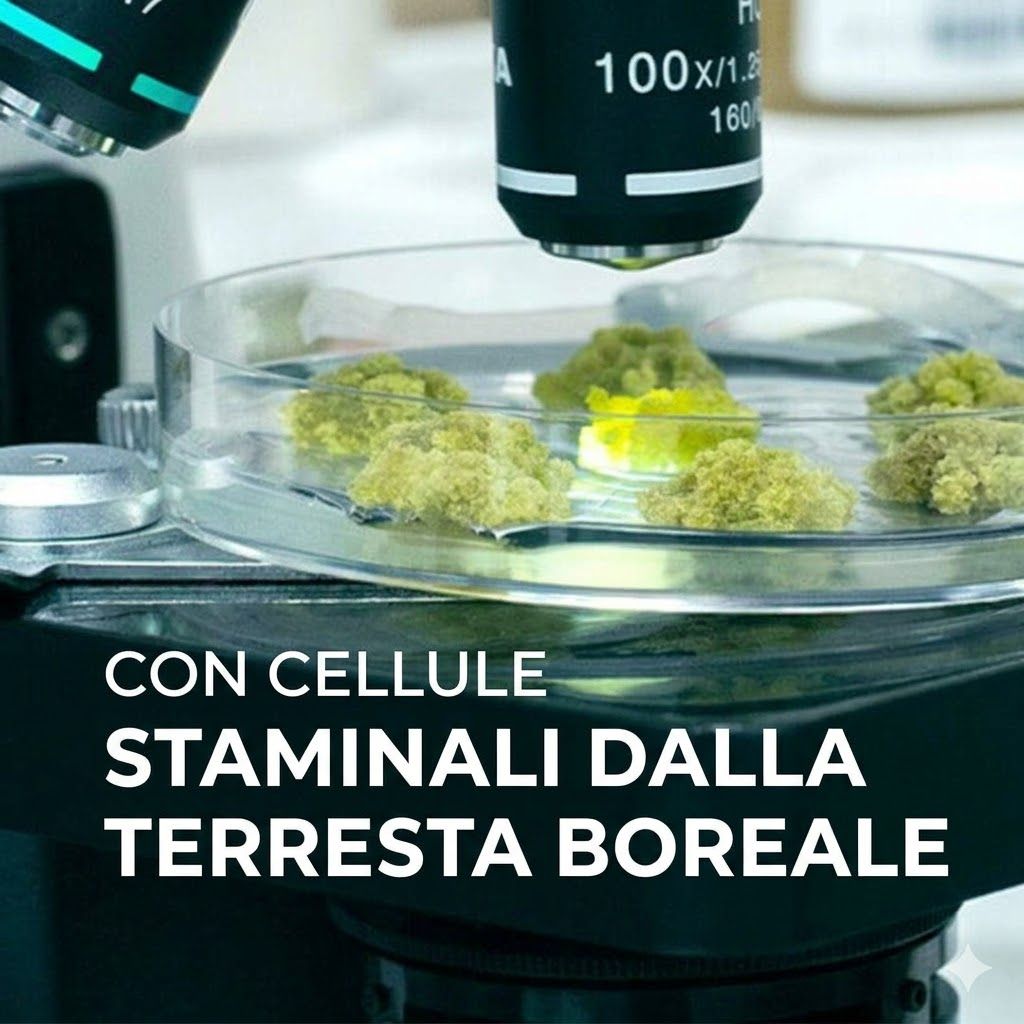 Microscopio con campioni. Testo: Con cellule staminali dalla terra boreale.