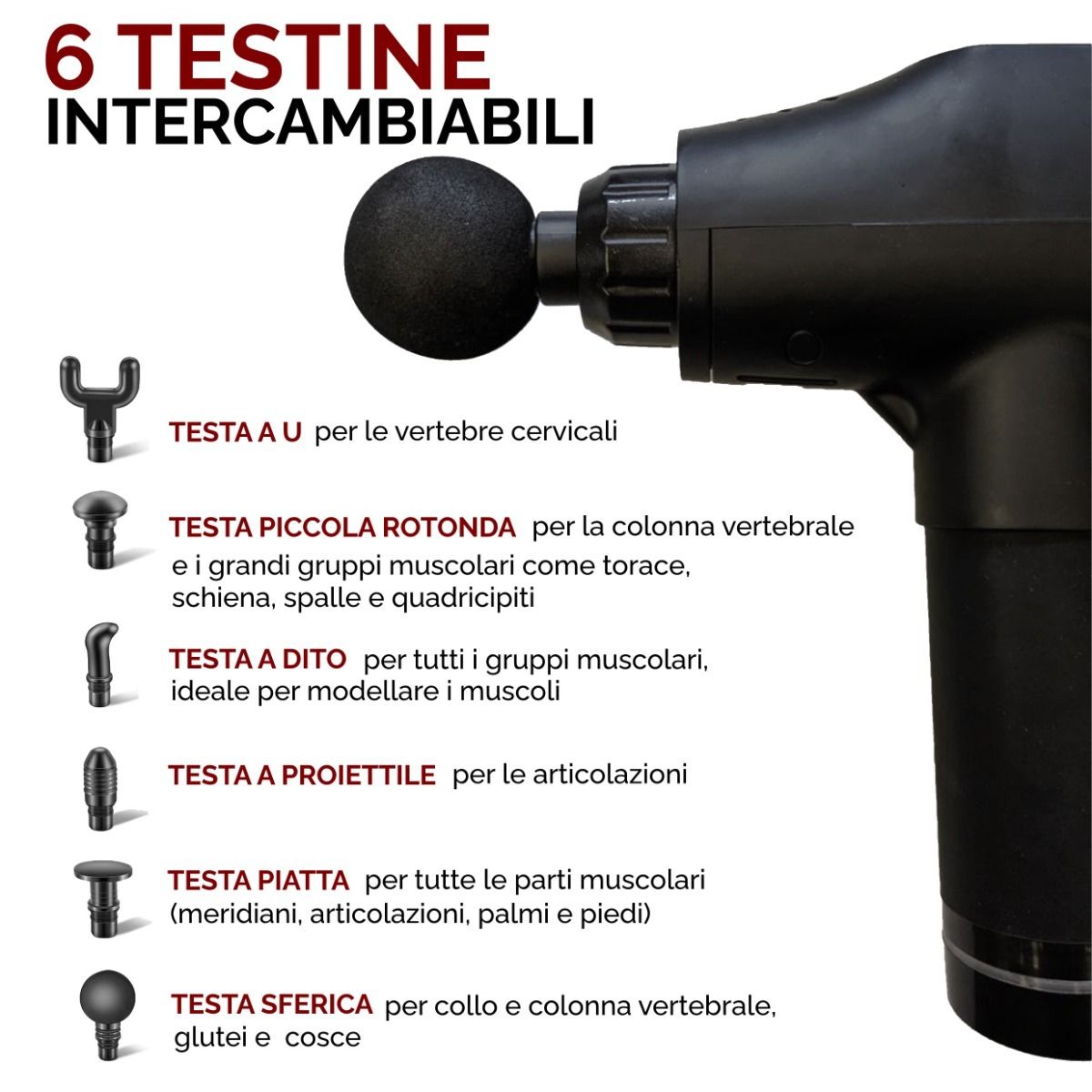 Pistola massaggiante con 6 testine intercambiabili. Testo: Testina a U, testina piccola rotonda, testina a dito, testina a proiettile, testina piatta, testina sferica.