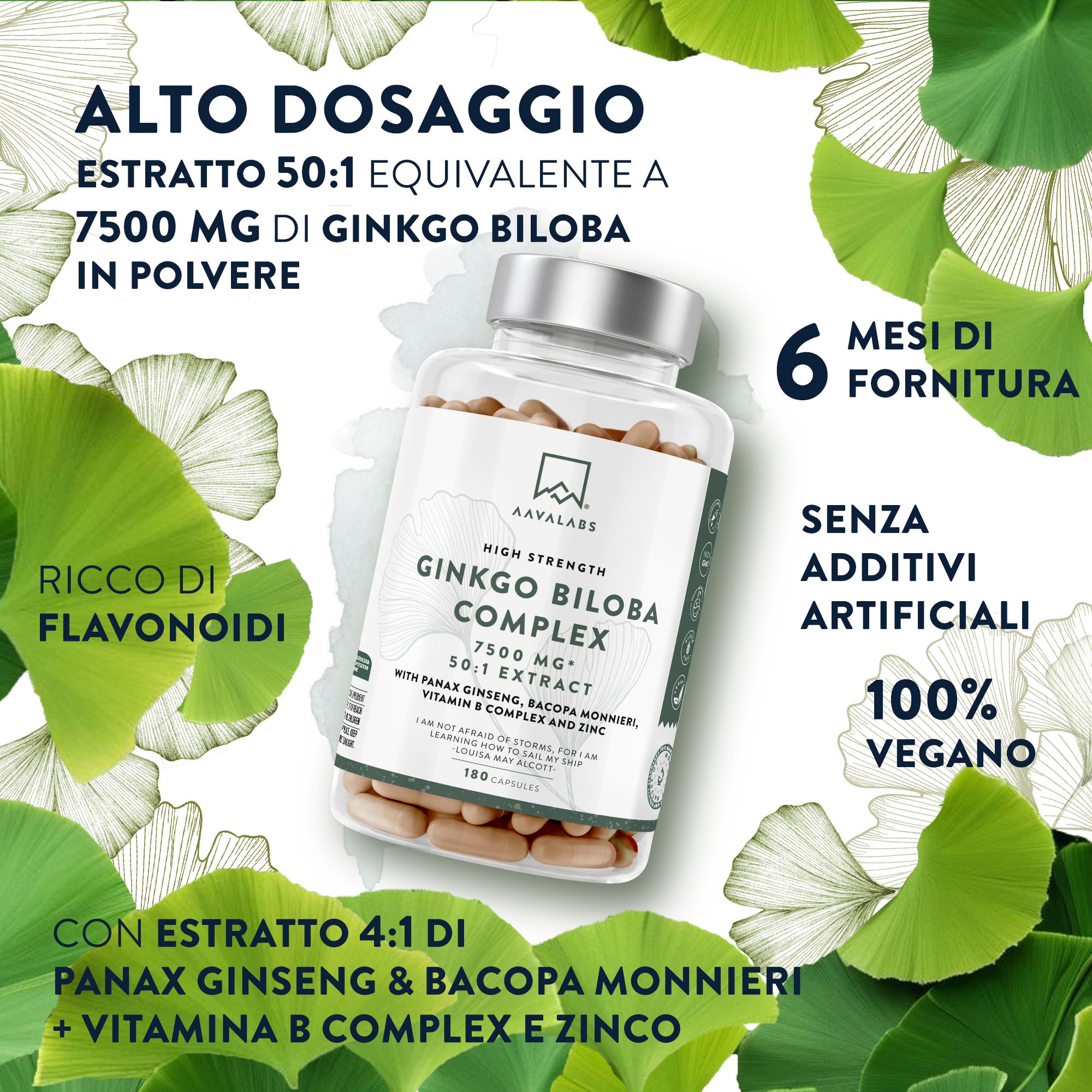 Aavalabs Ginkgo Biloba Complex. Flacone. 180 capsule. Ginkgo, Panax Ginseng, Bacopa Monnieri, Vitamina B e Zinco. 6 mesi di fornitura.