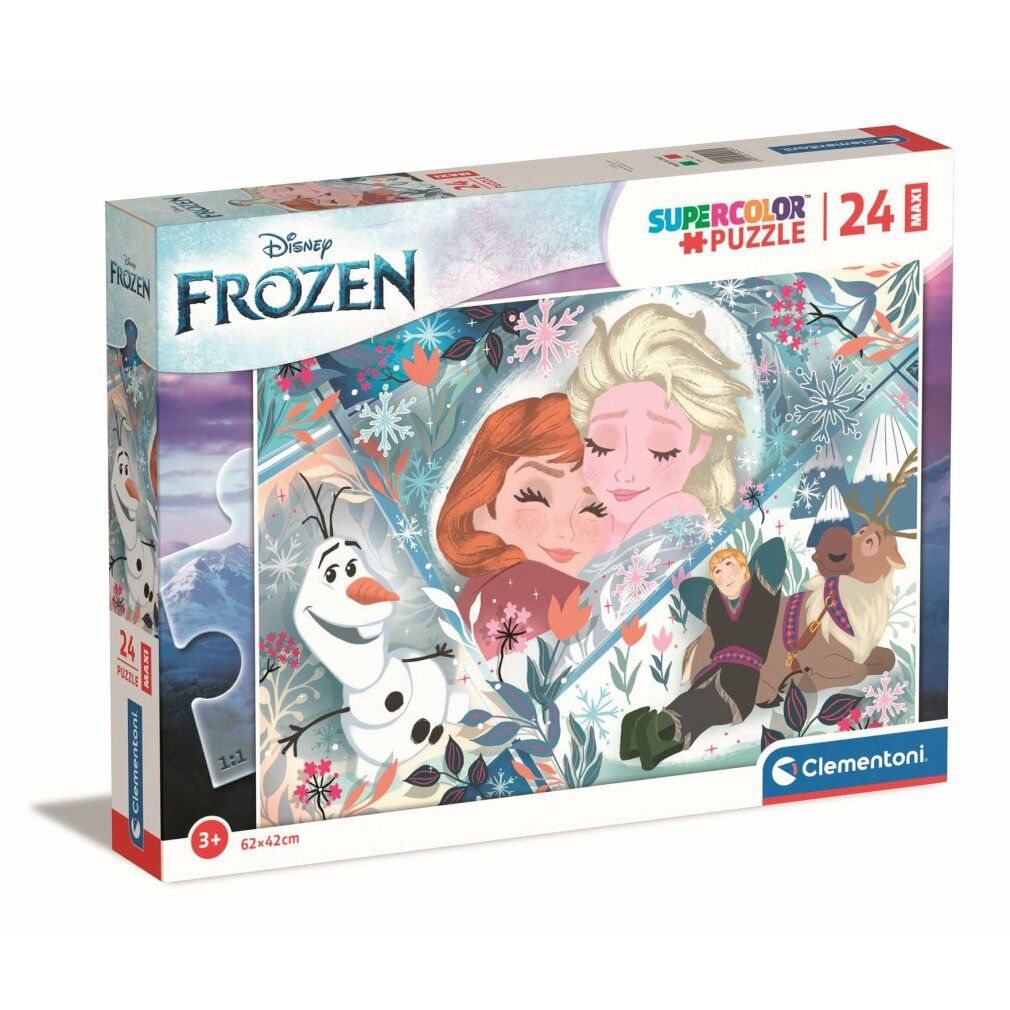 Scatola puzzle Frozen, 24 pezzi. Marchio Clementoni. Raffigura Olaf, Anna, Elsa e Kristoff. Età consigliata: 3+