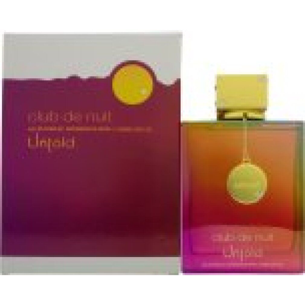 Flacone e confezione. Scritta: Club de Nuit Untold. Confezione: bianca con testo viola. Flacone: sfumatura.