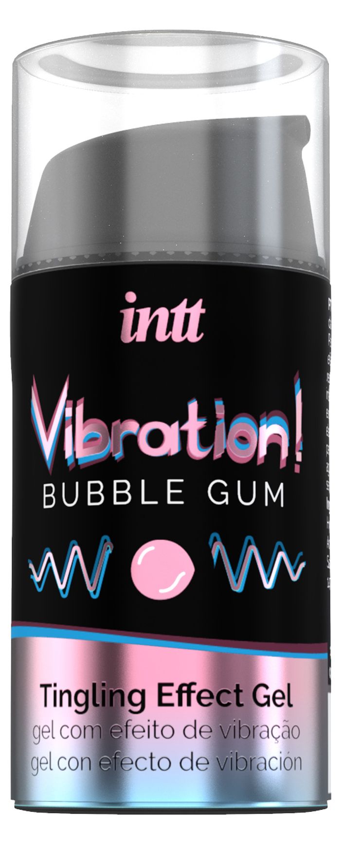 Prodotto cilindrico con scritta INTT Vibration! Bubble Gum. Tingling Effect Gel. Motivi a onde rosa e blu.