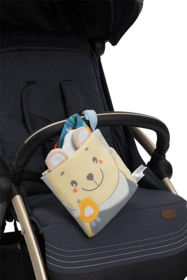 Libro attività morbido attaccato a un passeggino. Libro con motivo orso. Giallo, grigio e blu. Con sospensione.