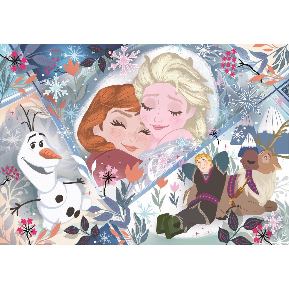 Puzzle Frozen completato. Raffigura Olaf, Anna, Elsa, Kristoff e Sven. Fiocchi di neve e fiori sullo sfondo.