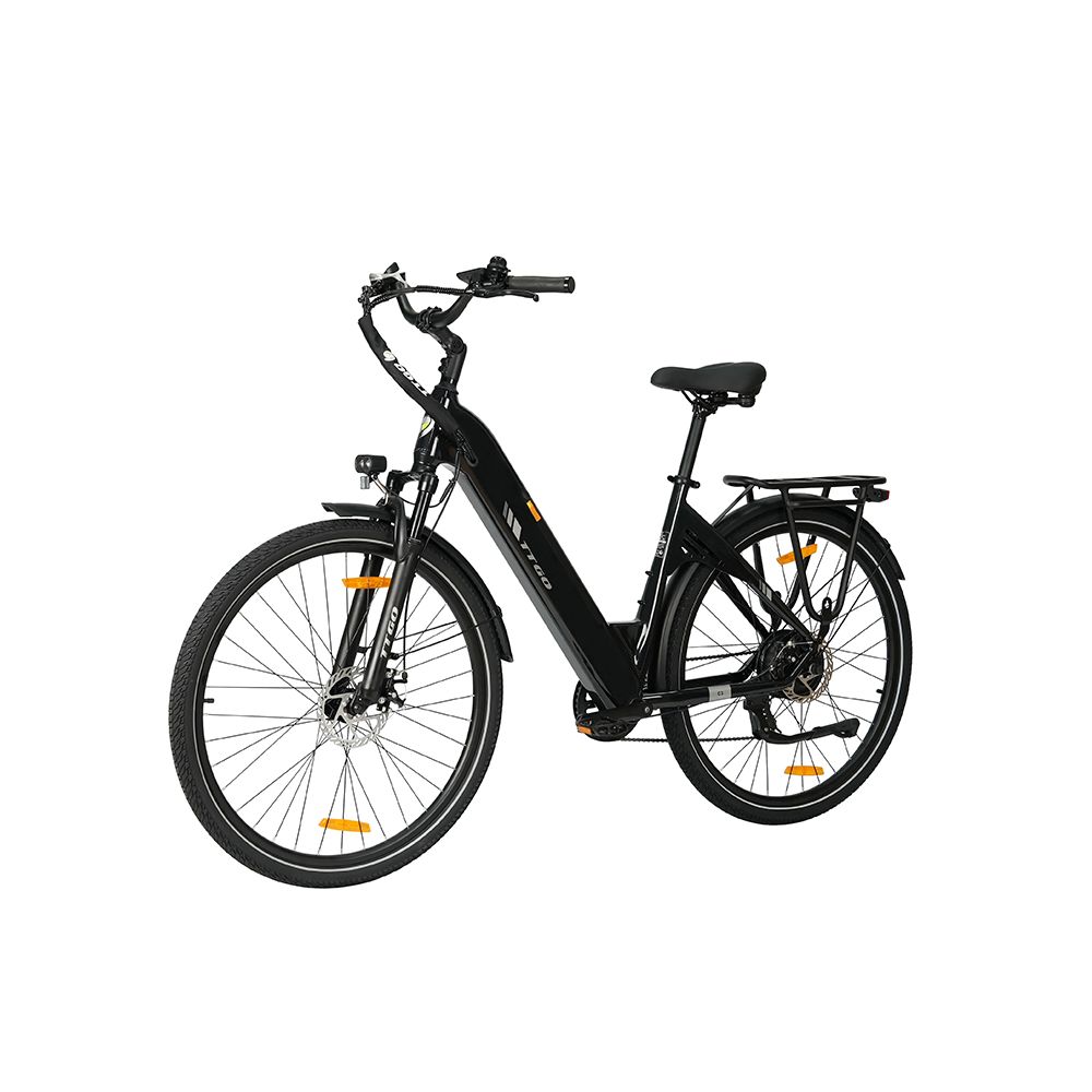 Bicicletta elettrica nera con portapacchi, parafanghi e luci. TTGO C3 SE.