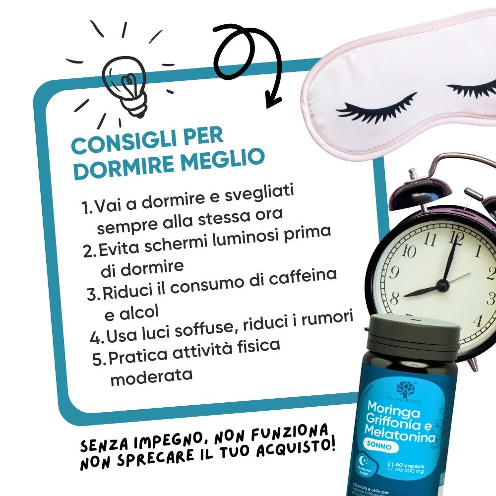 Flacone di capsule. Maschera per dormire e sveglia. Testo: Consigli per dormire meglio.