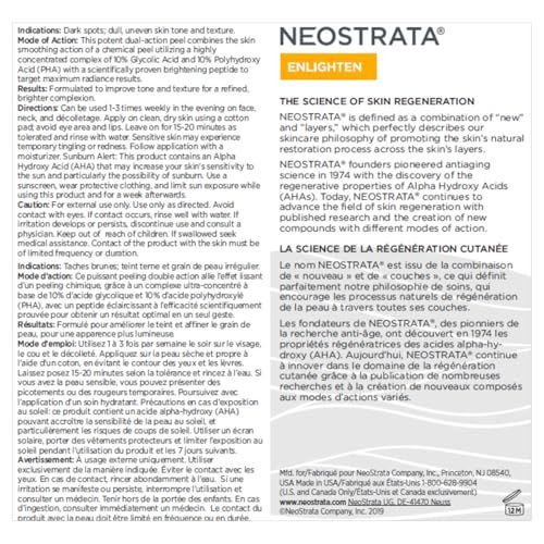 Testo su sfondo bianco. Contiene informazioni sul prodotto, istruzioni e avvertenze. Descrive "NEOSTRATA ENLIGHTEN".