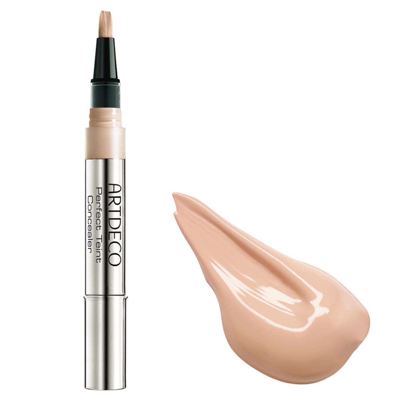 Artdeco Perfect Teint Concealer, tubo argentato, punta con prodotto. Accanto, una goccia.