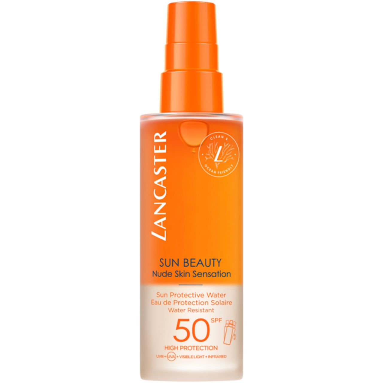 Lancaster Sun Beauty Protective Water SPF50. Flacone arancione con vaporizzatore. Testo: Sun Beauty, SPF50, High Protection.