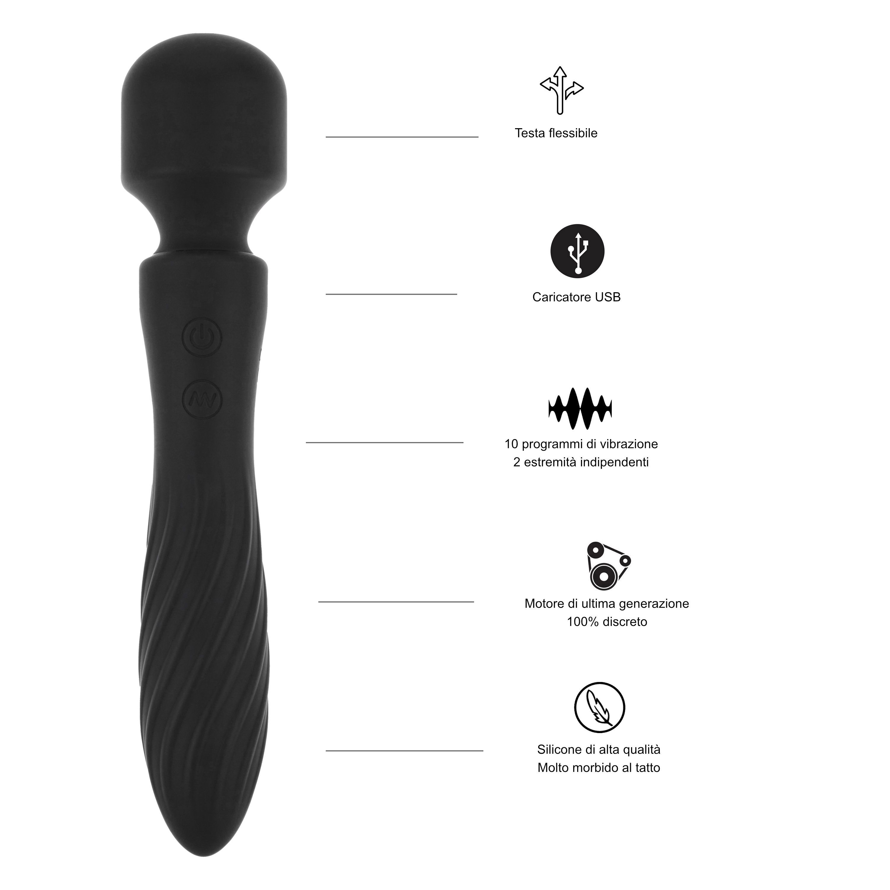 Vibratore nero con testa flessibile, caricatore USB, 10 programmi di vibrazione.