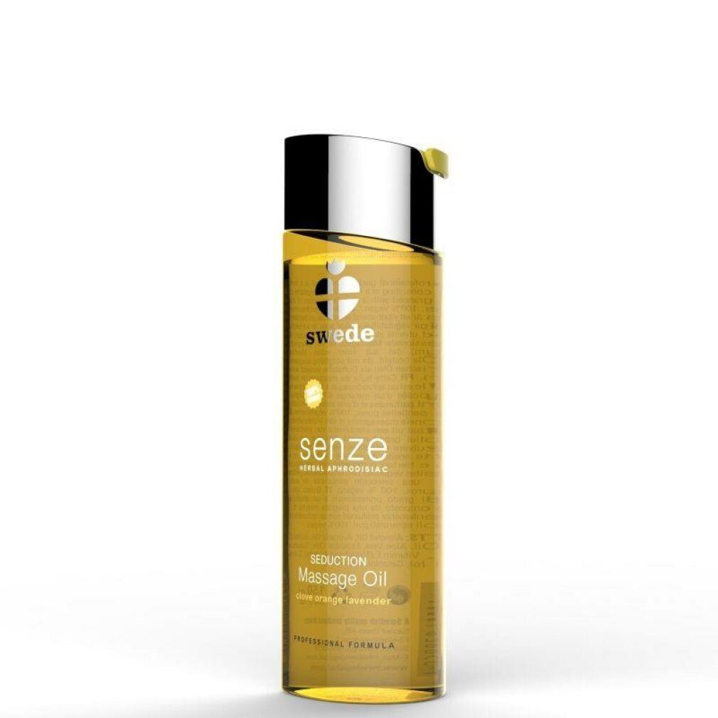 Flacone cilindrico di olio per massaggio. Scritte: Swede, Senze, Massage Oil. Tappo argentato con chiusura gialla.