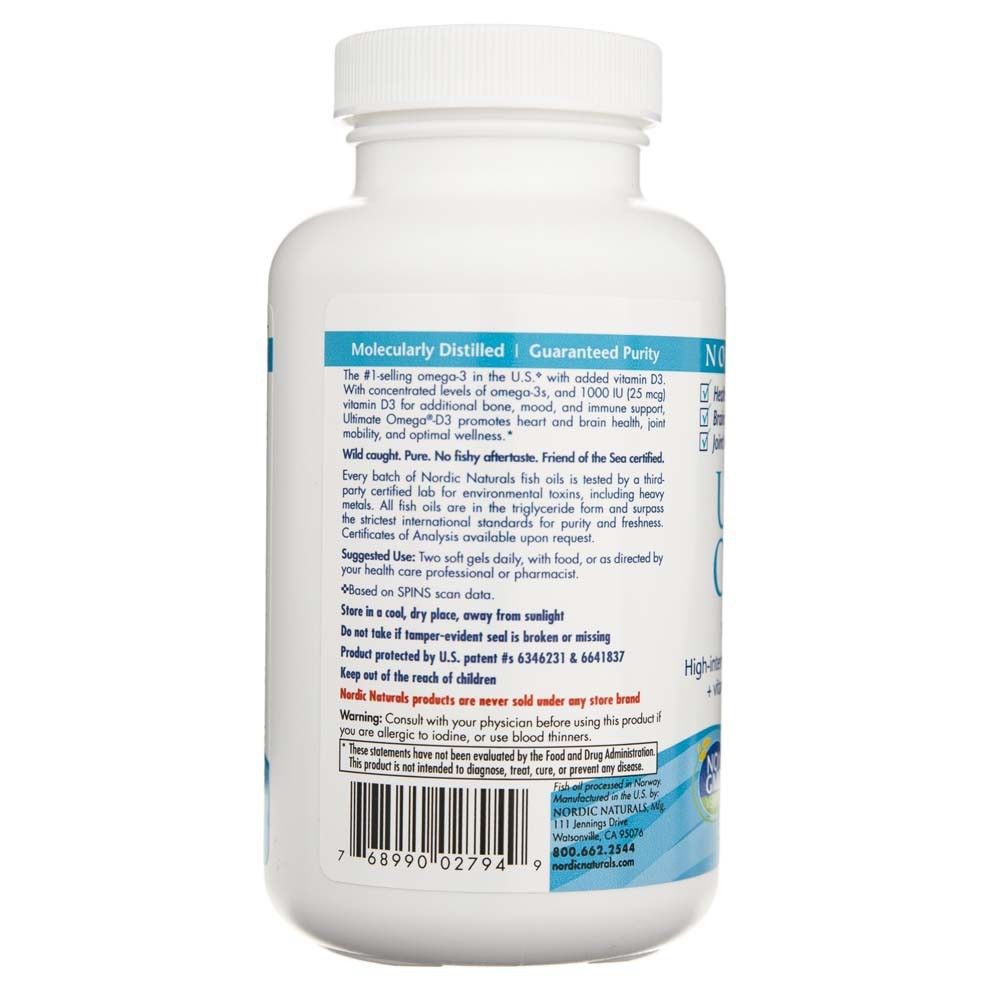 Retro del flacone Nordic Naturals Ultimate Omega-D3 con informazioni sul prodotto.