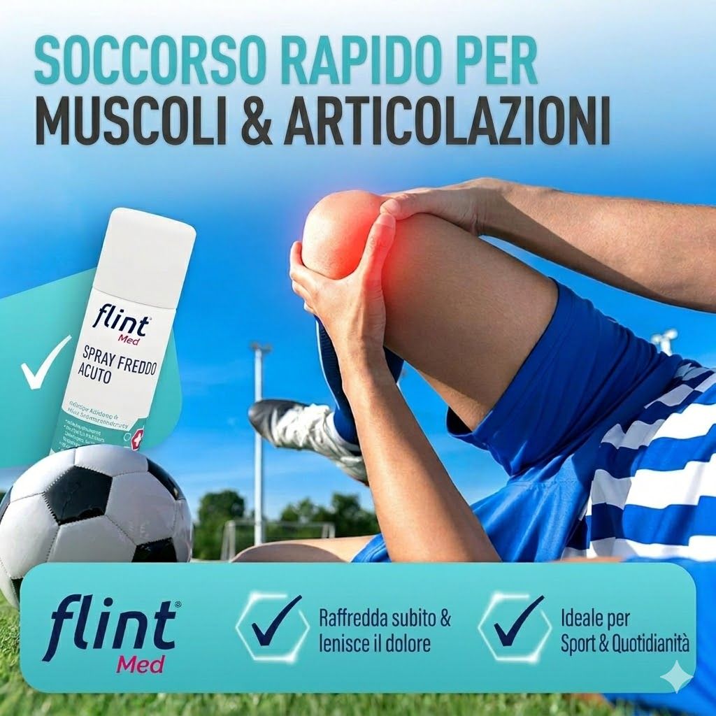 Calciatore con ginocchio. flint Med Spray freddo Acuto. Testo: Raffredda subito e lenisce il dolore. Ideale per sport e quotidianità.
