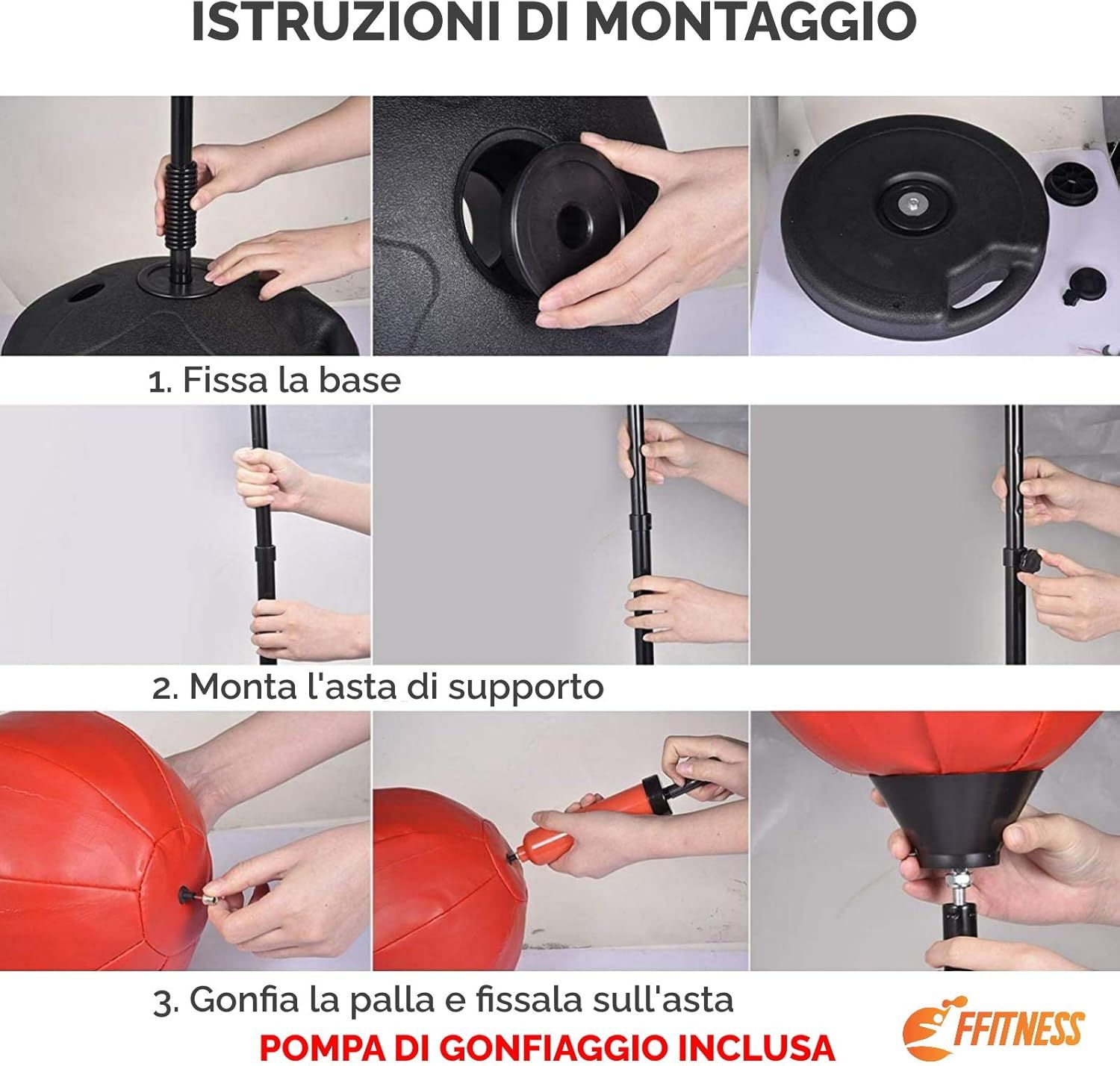 Istruzioni di montaggio sacco da boxe. Fissare base, montare asta, gonfiare e fissare palla. Pompa inclusa.